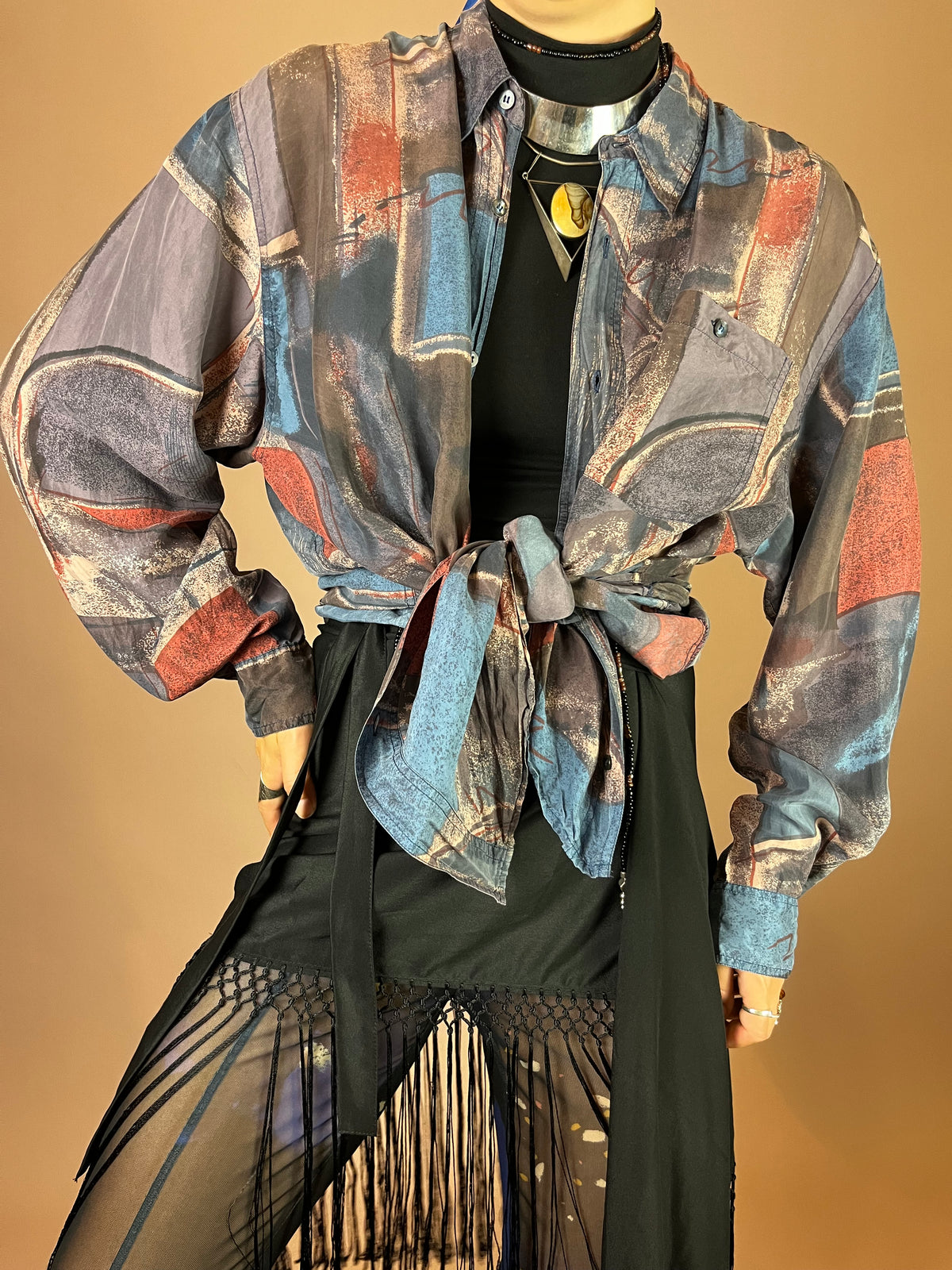 Hemd Seide 80s Print Graublau Gr. L