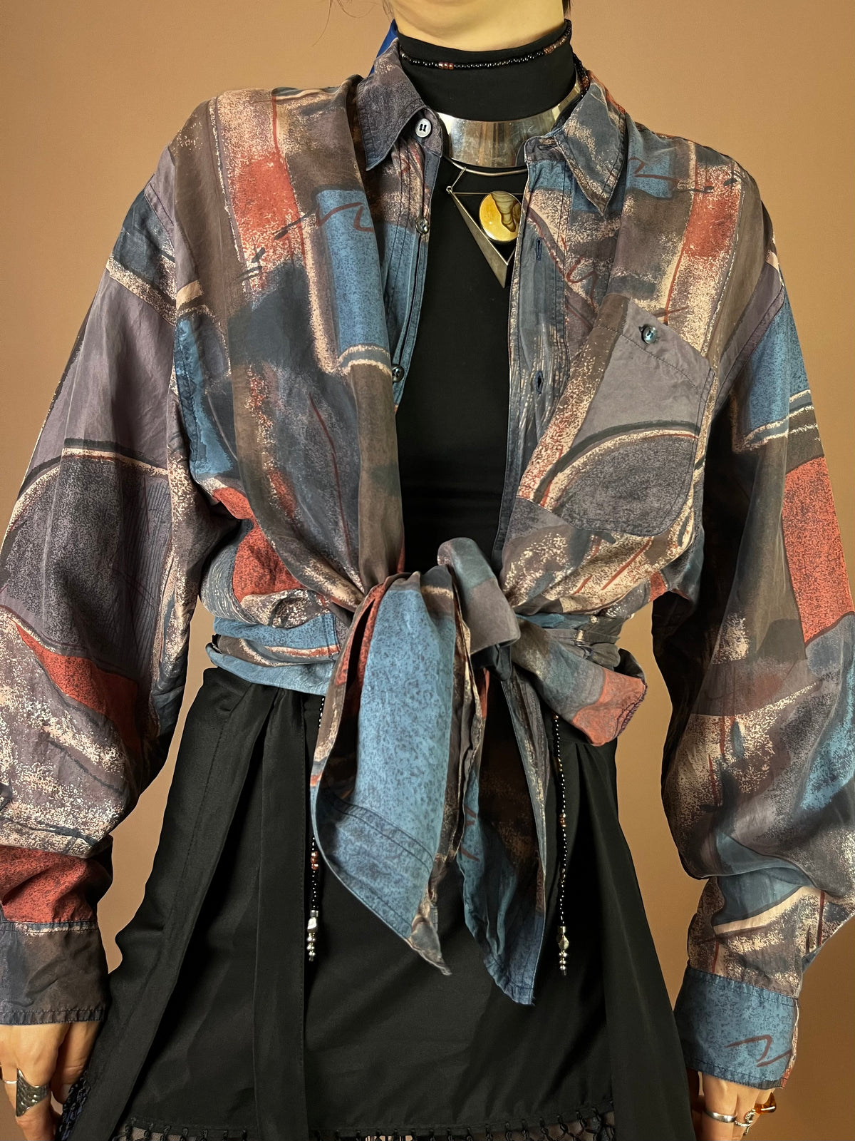 Hemd Seide 80s Print Graublau Gr. L