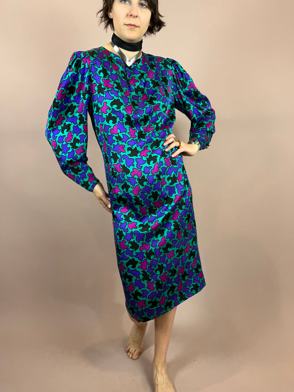 Seidenkleid Puffärmel Türkis Gr. 36