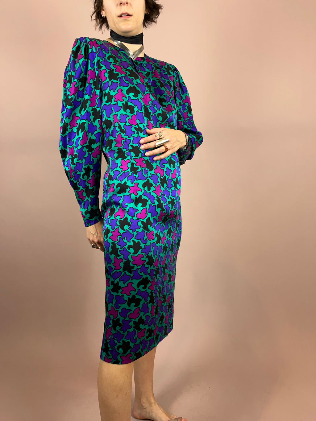 Seidenkleid Puffärmel Türkis Gr. 36