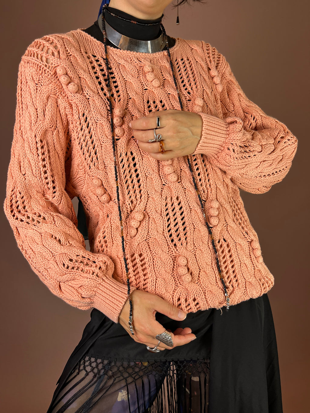 Strickpullover Lachs Zopfmuster Baumwolle Gr. 40/42