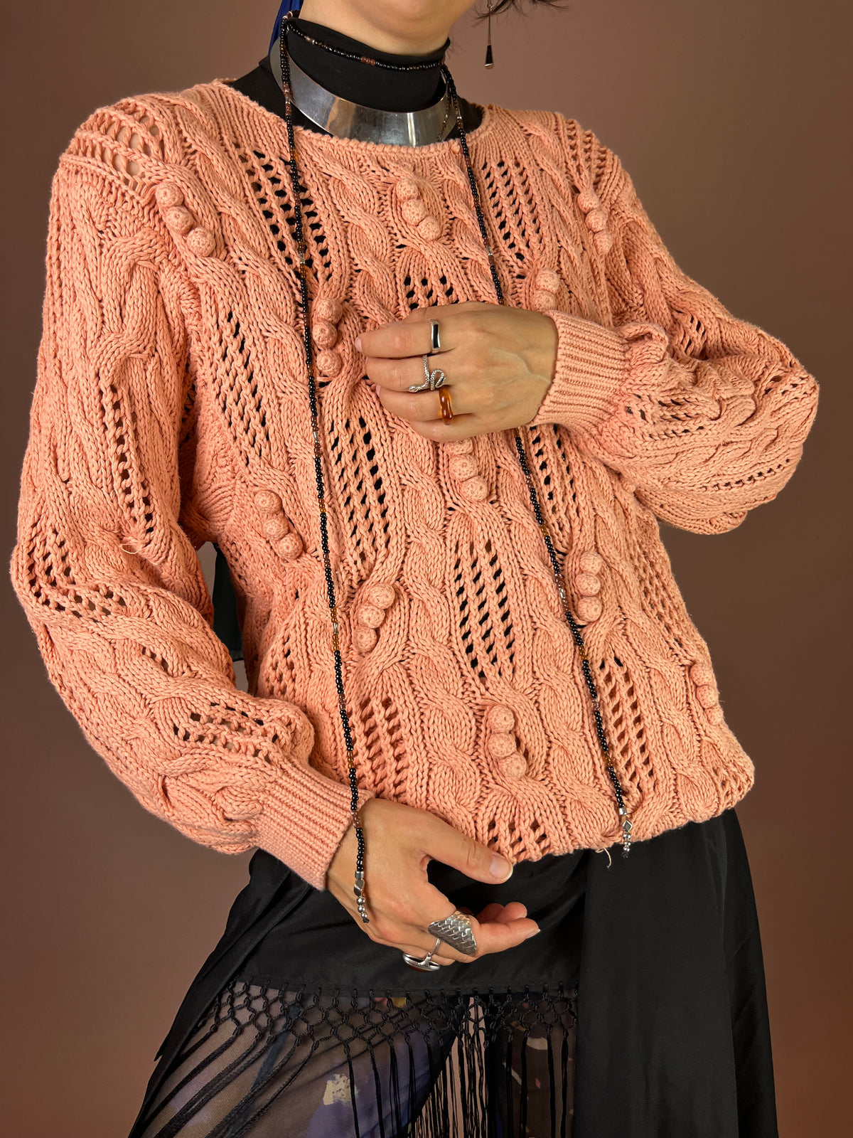 Strickpullover Lachs Zopfmuster Baumwolle Gr. 40/42