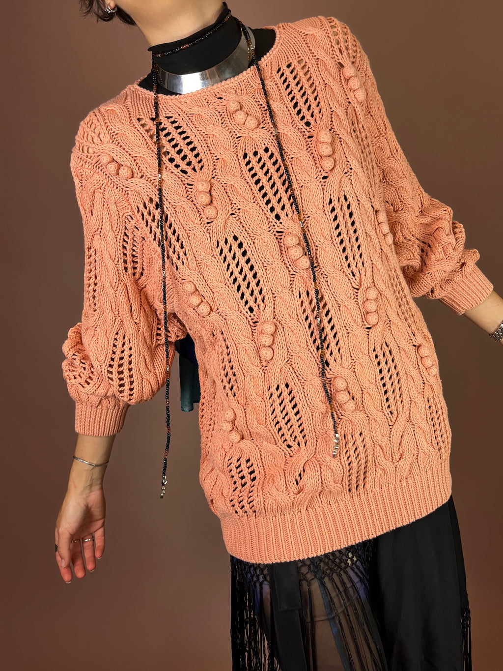 Strickpullover Lachs Zopfmuster Baumwolle Gr. 40/42