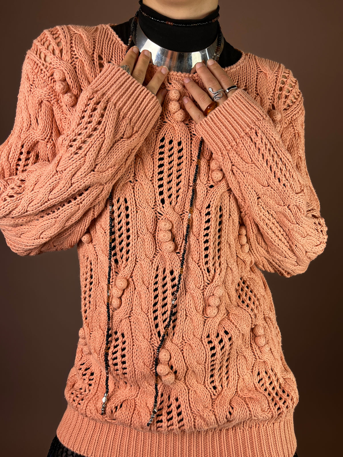Strickpullover Lachs Zopfmuster Baumwolle Gr. 40/42