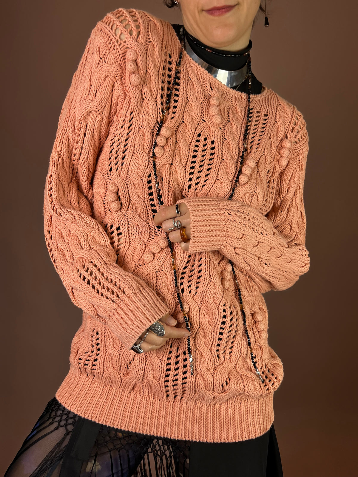 Strickpullover Lachs Zopfmuster Baumwolle Gr. 40/42