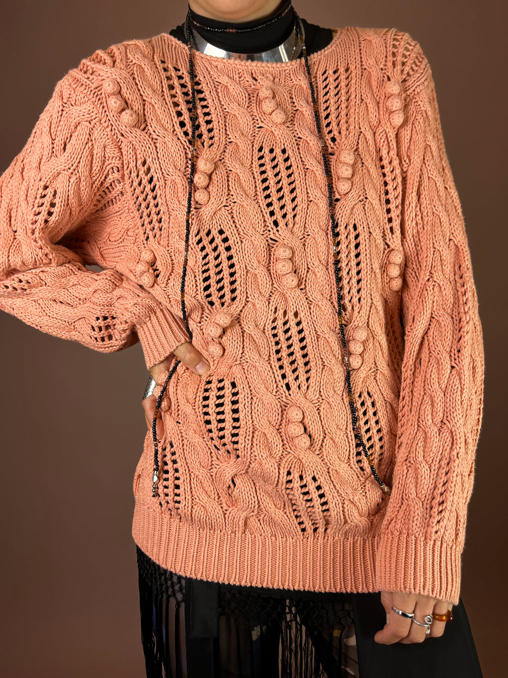 Strickpullover Lachs Zopfmuster Baumwolle Gr. 40/42