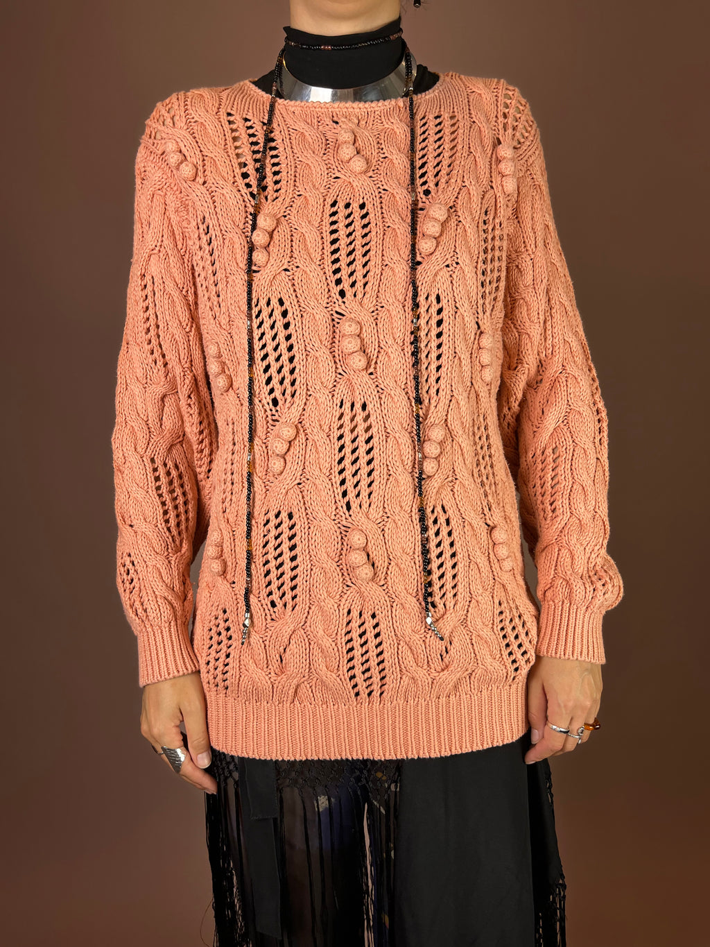 Strickpullover Lachs Zopfmuster Baumwolle Gr. 40/42