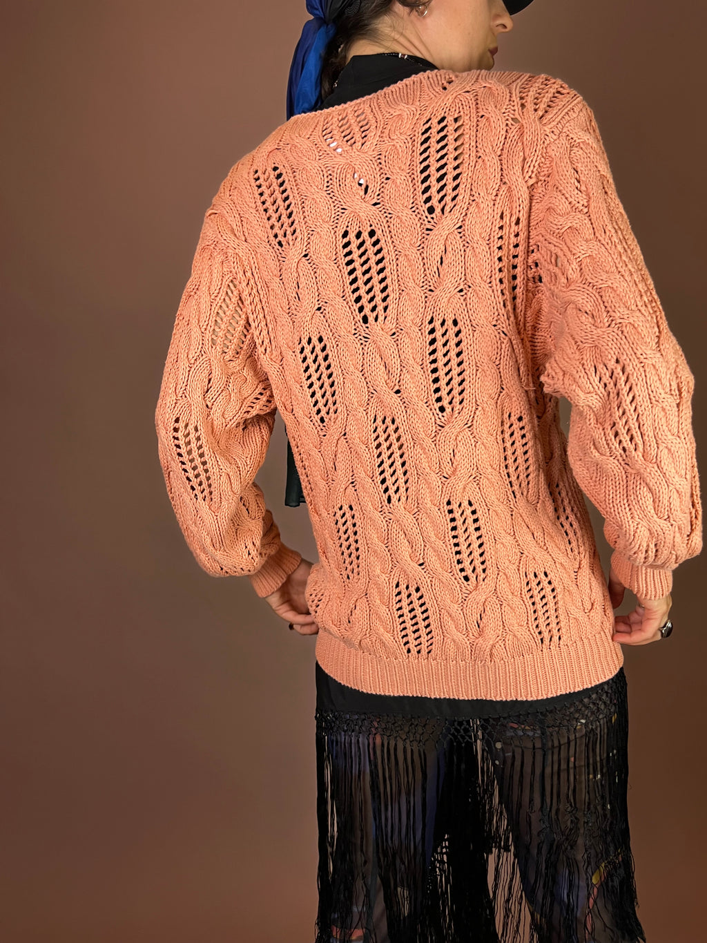 Strickpullover Lachs Zopfmuster Baumwolle Gr. 40/42
