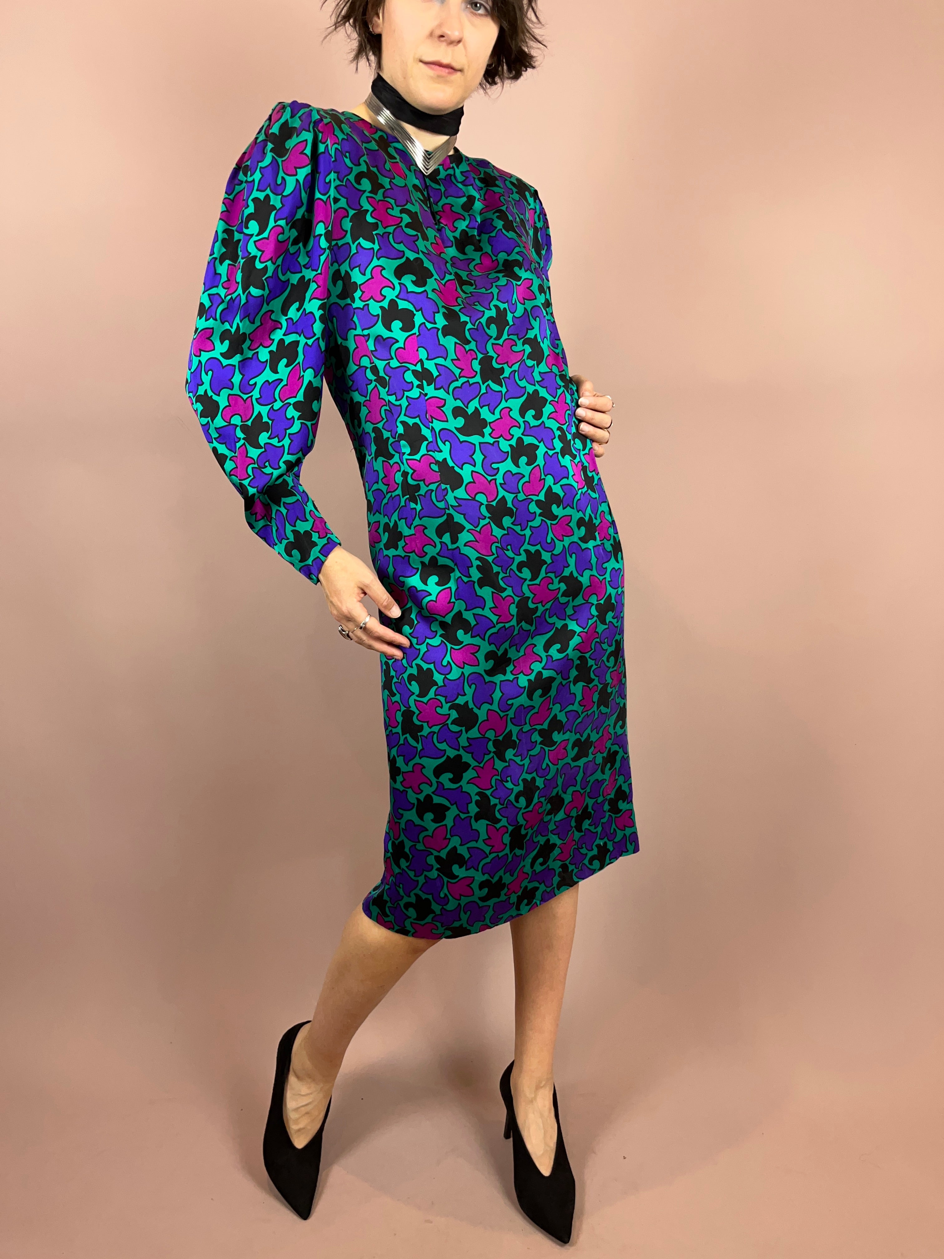 Seidenkleid Puffärmel Türkis Gr. 36