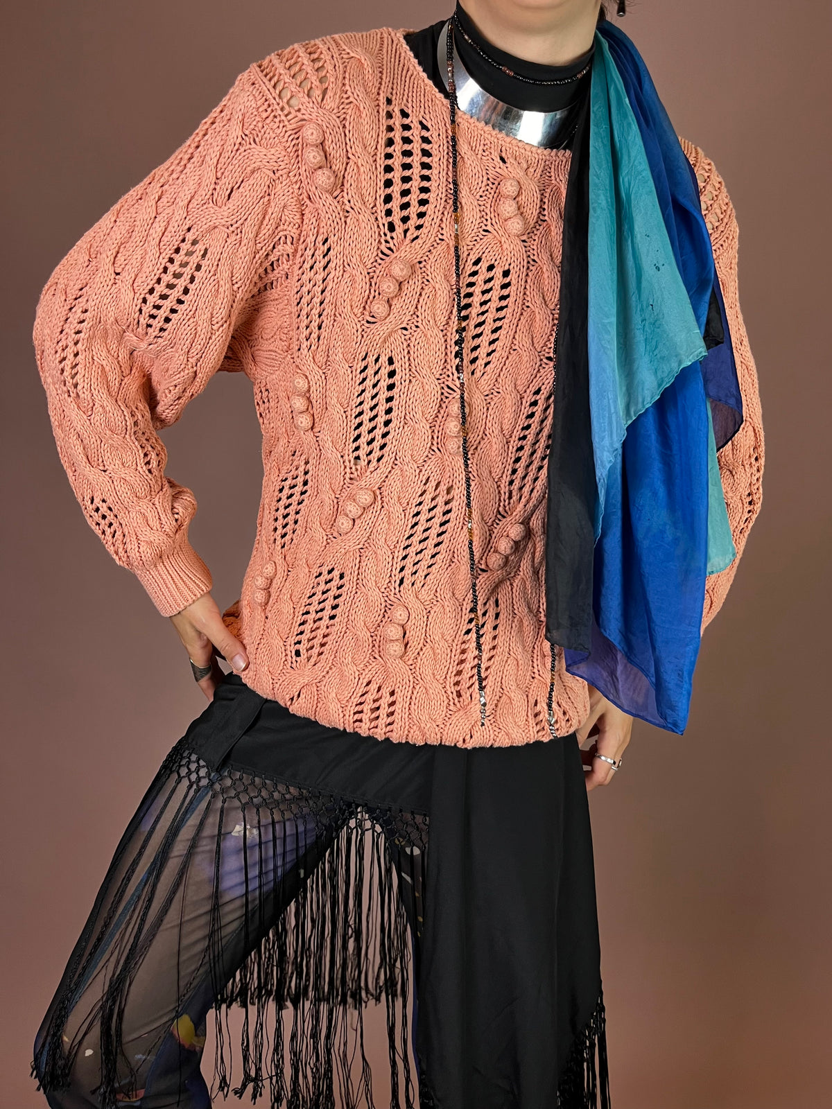 Strickpullover Lachs Zopfmuster Baumwolle Gr. 40/42
