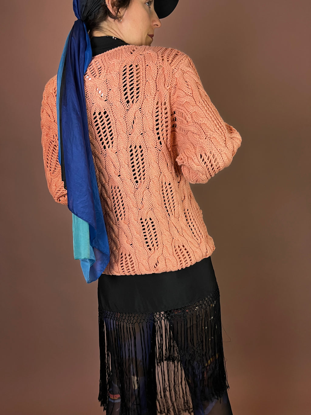 Strickpullover Lachs Zopfmuster Baumwolle Gr. 40/42
