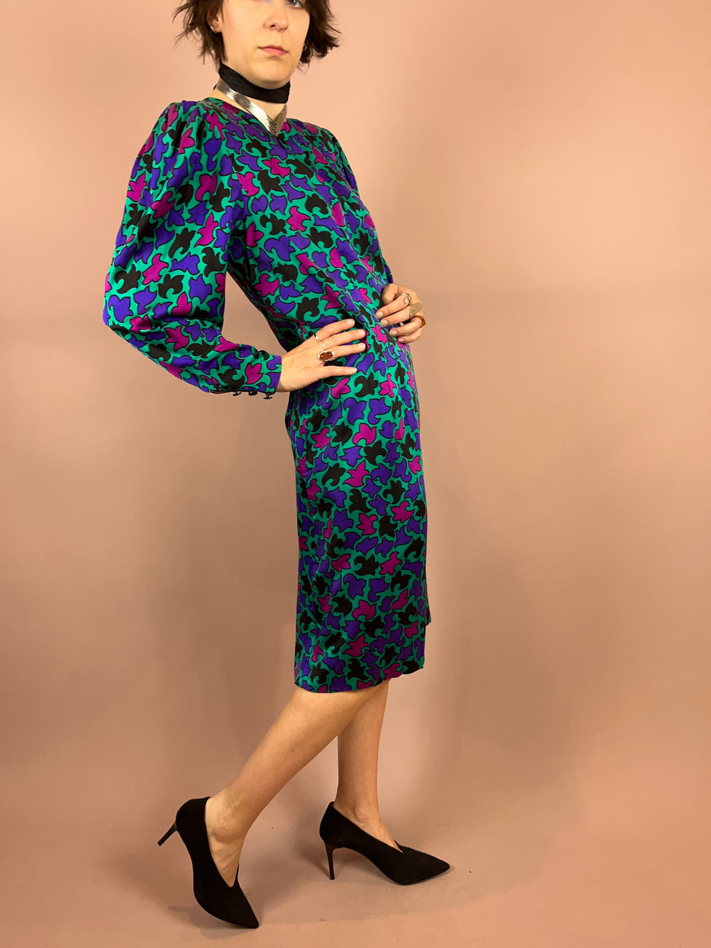 Seidenkleid Puffärmel Türkis Gr. 36