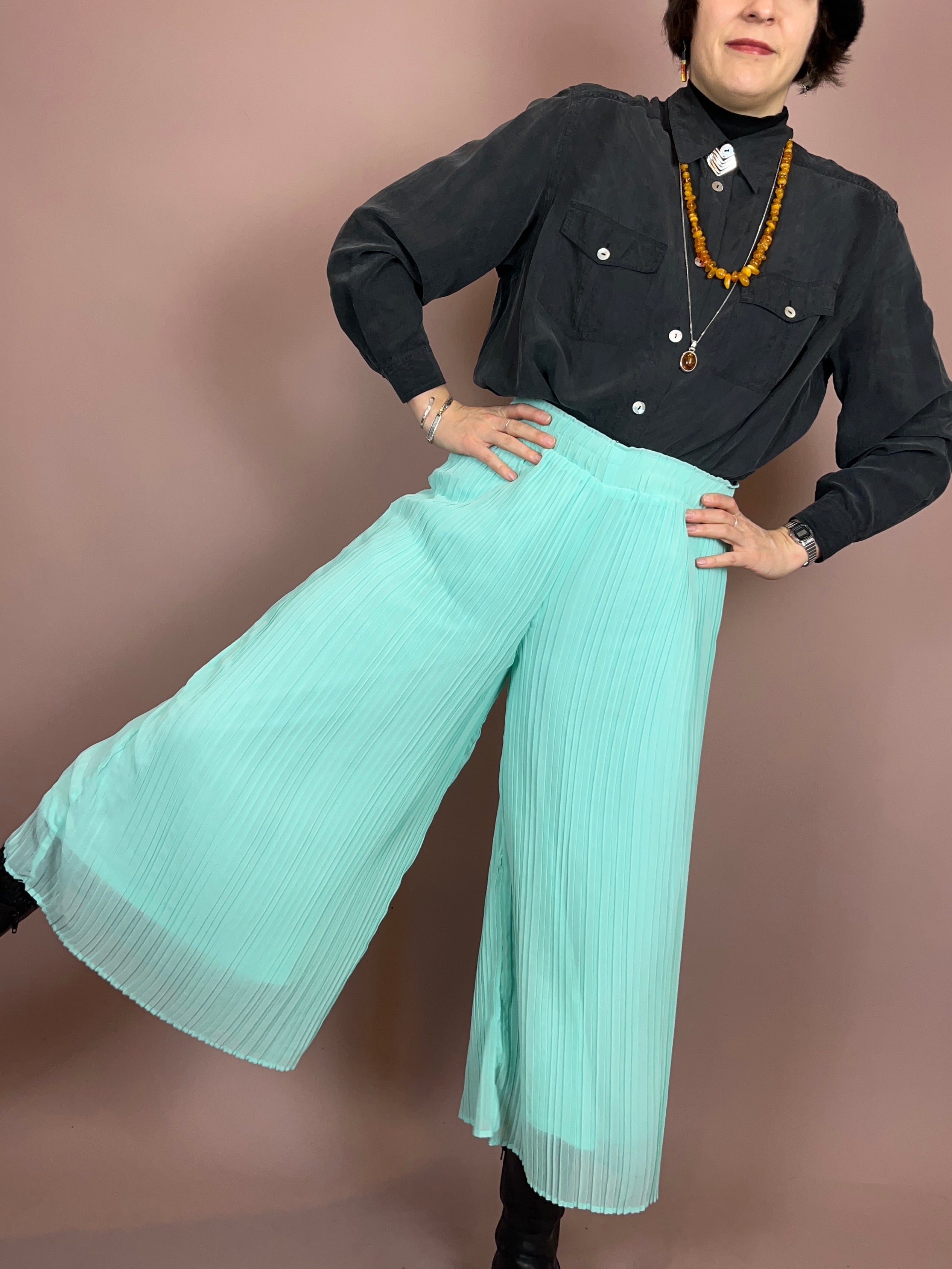 Culotte Plissiert Türkis High Waist Gr. 38