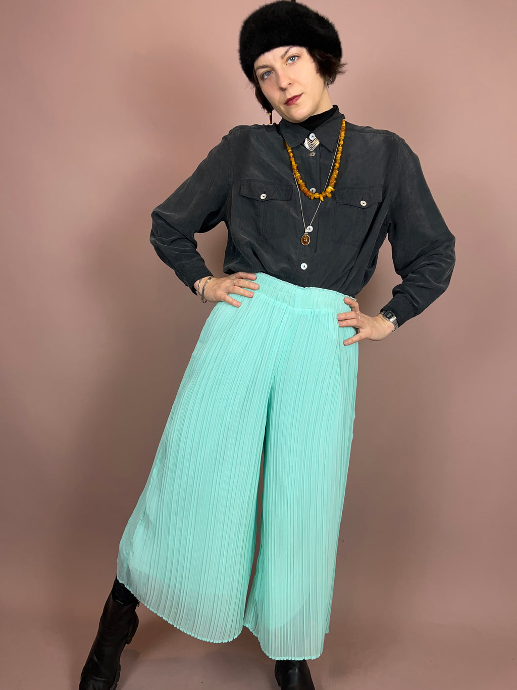 Culotte Plissiert Türkis High Waist Gr. 38