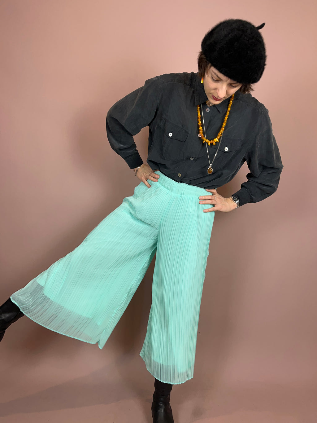 Culotte Plissiert Türkis High Waist Gr. 38