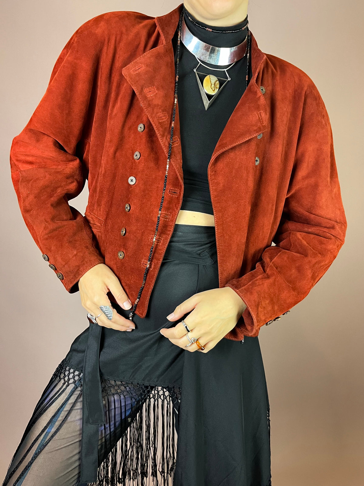 Wildlederjacke Rostrot Cropped Knopfleiste Gr. 40