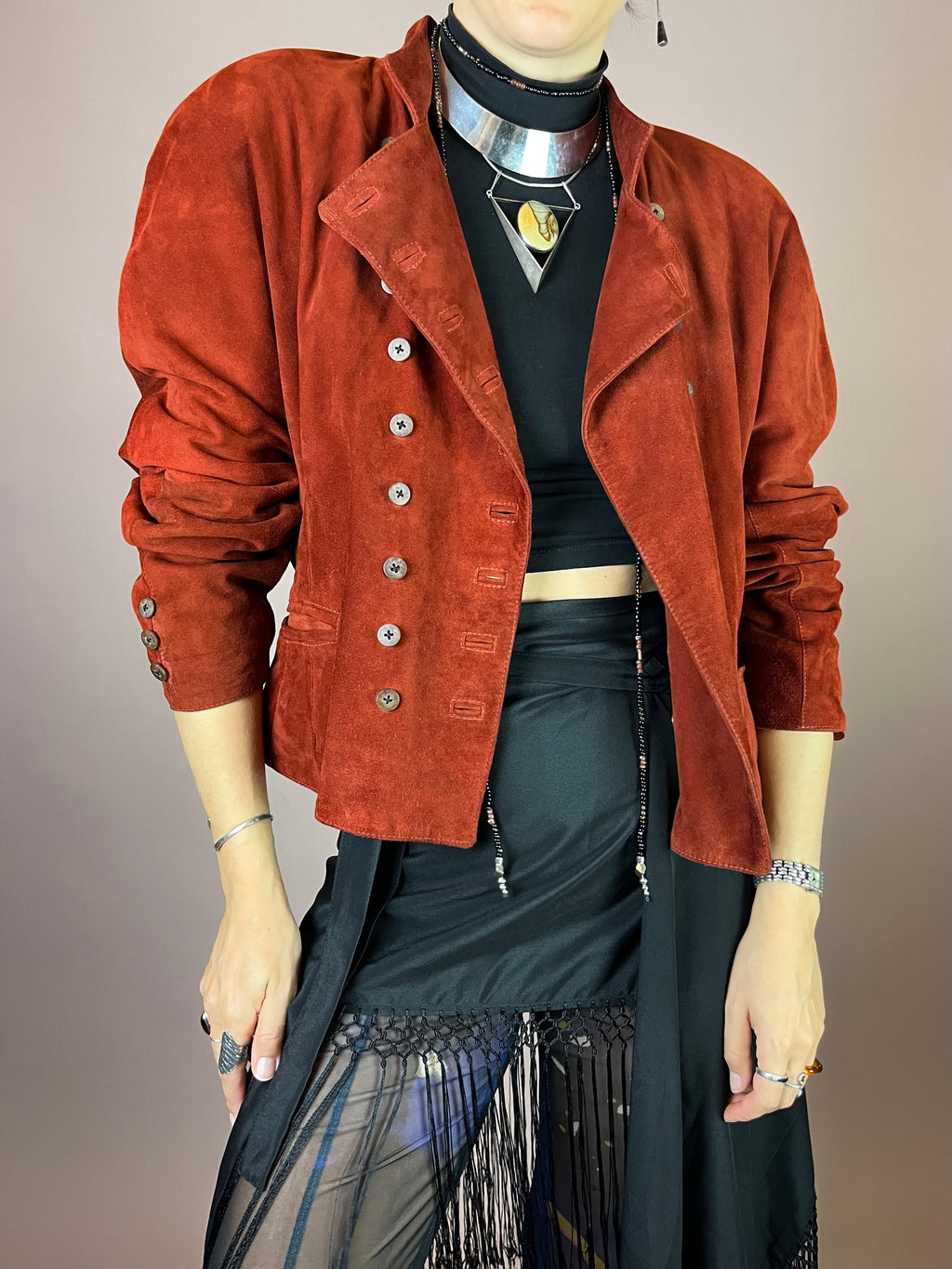 Wildlederjacke Rostrot Cropped Knopfleiste Gr. 40