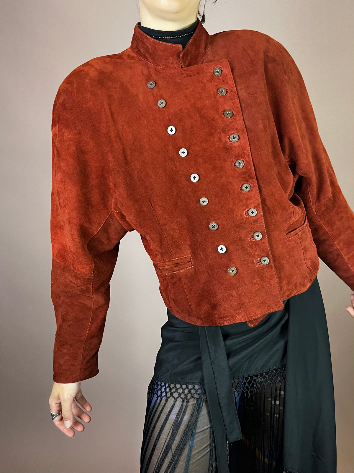 Wildlederjacke Rostrot Cropped Knopfleiste Gr. 40