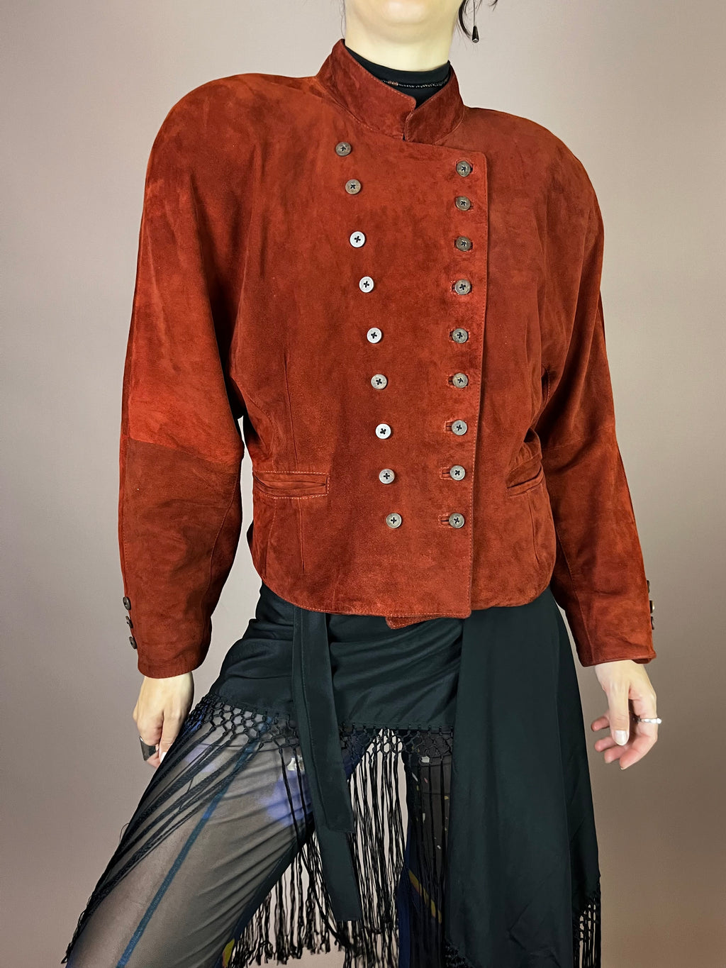Wildlederjacke Rostrot Cropped Knopfleiste Gr. 40