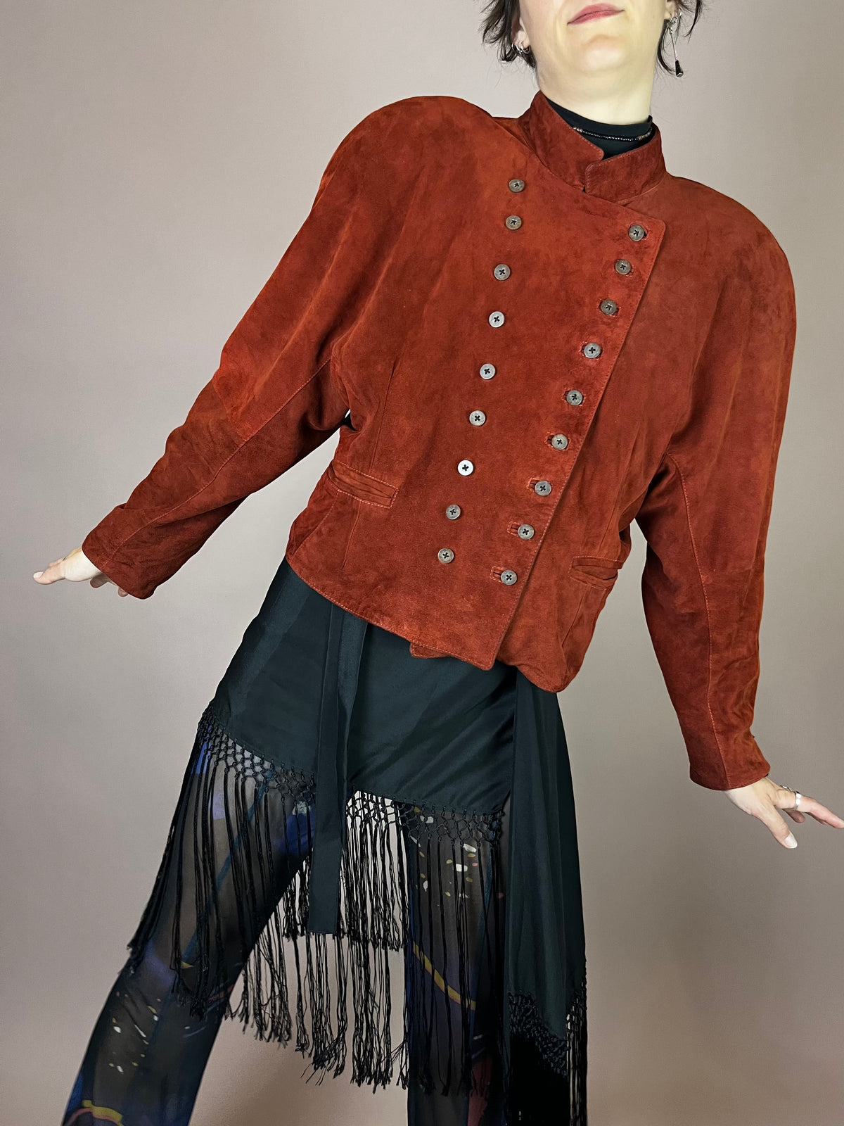Wildlederjacke Rostrot Cropped Knopfleiste Gr. 40