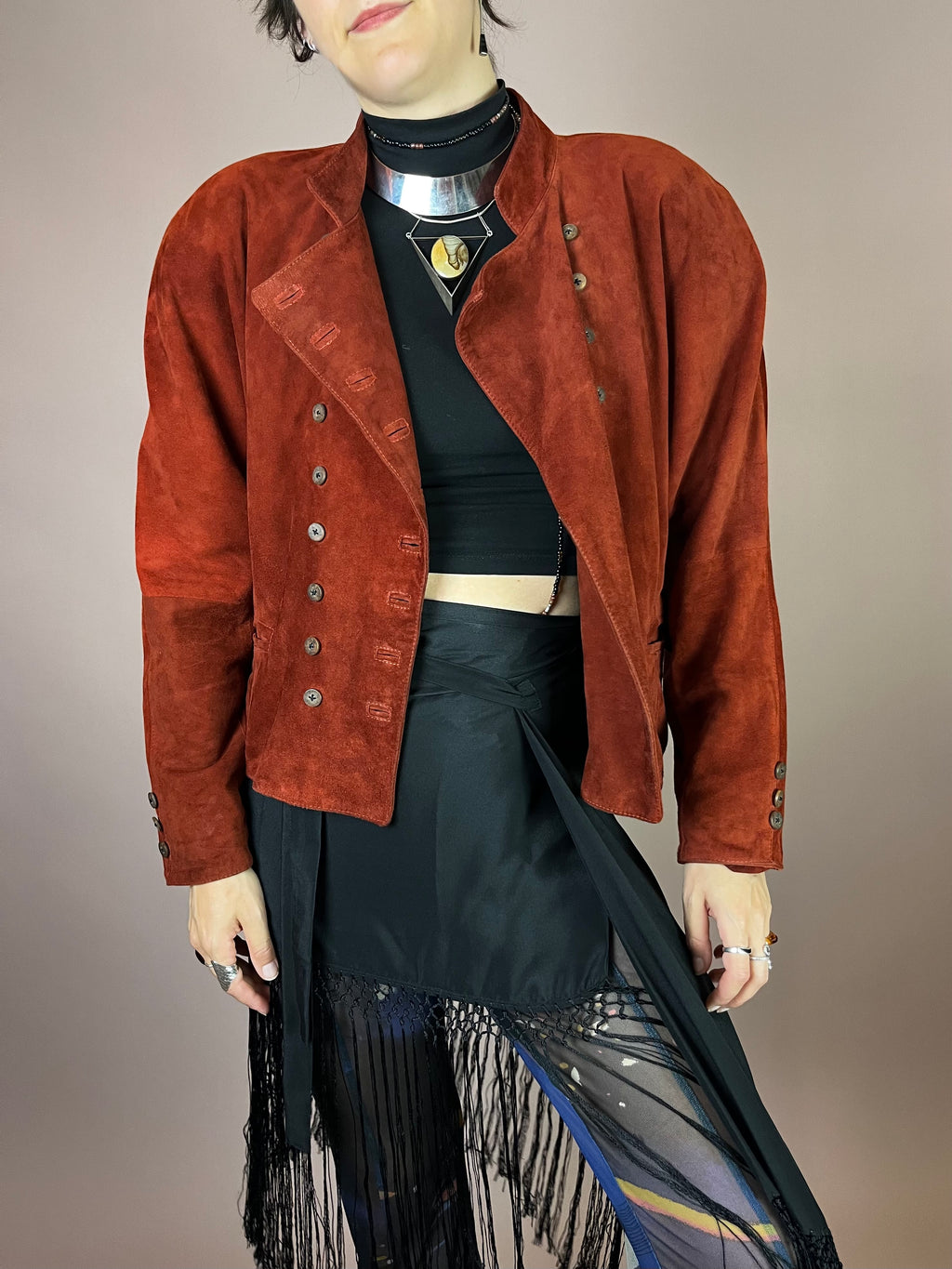 Wildlederjacke Rostrot Cropped Knopfleiste Gr. 40