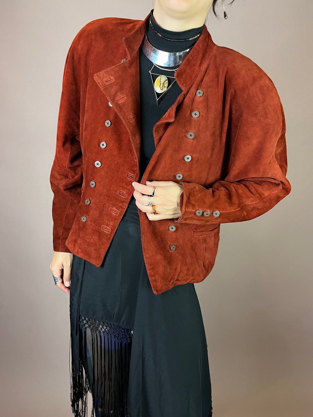 Wildlederjacke Rostrot Cropped Knopfleiste Gr. 40