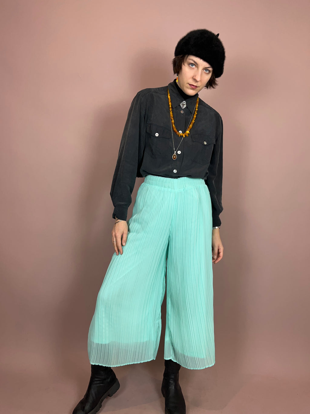 Culotte Plissiert Türkis High Waist Gr. 38