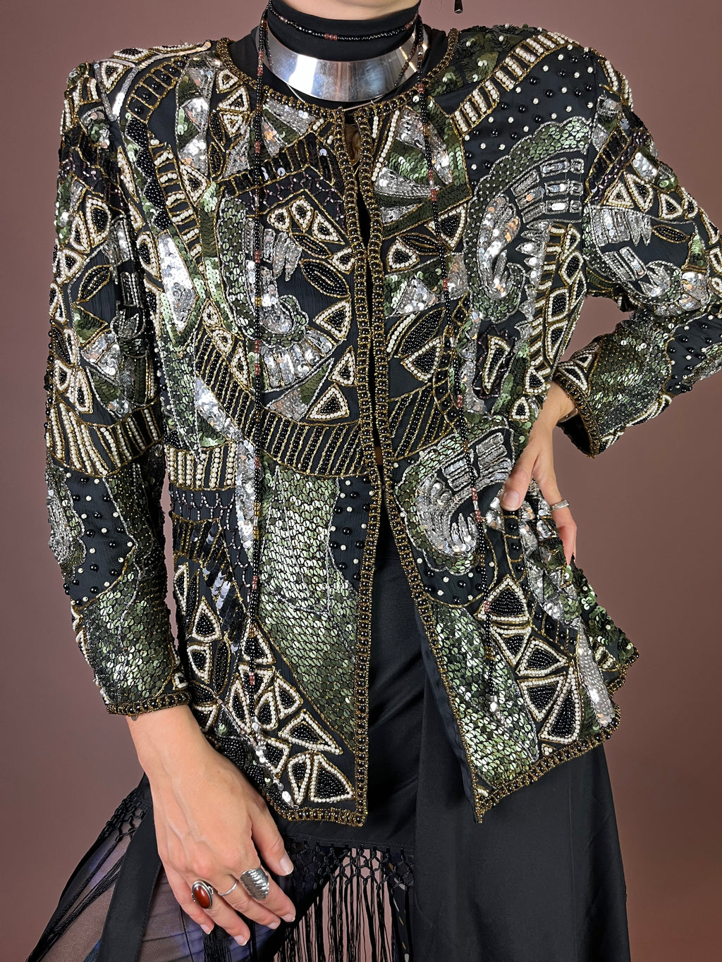 Seidenjacke Pailletten Art Deco Frank Usher Gr. 38/40