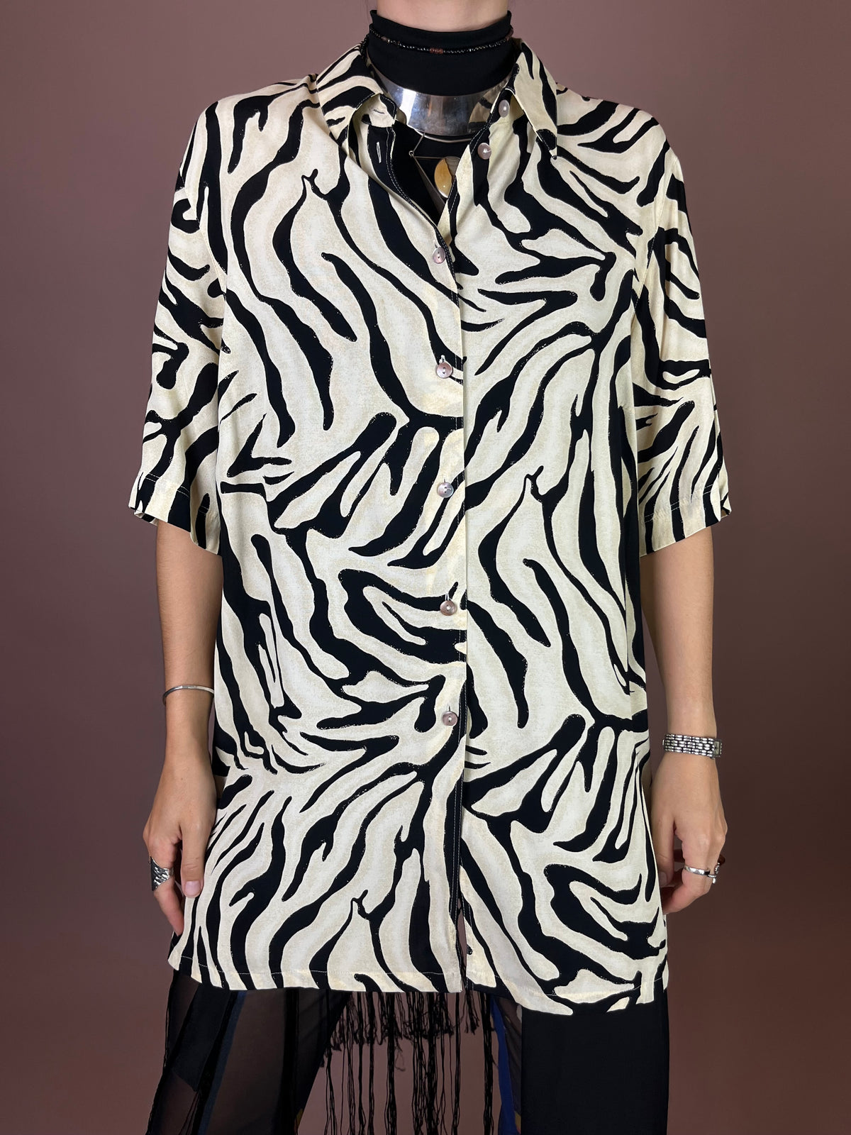 Bluse Zebra Print Kurzarm Schwarz Weiß Gr. 42