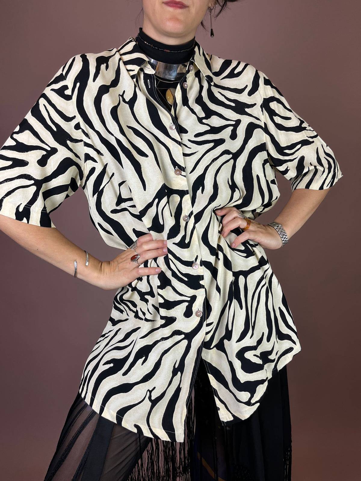Bluse Zebra Print Kurzarm Schwarz Weiß Gr. 42