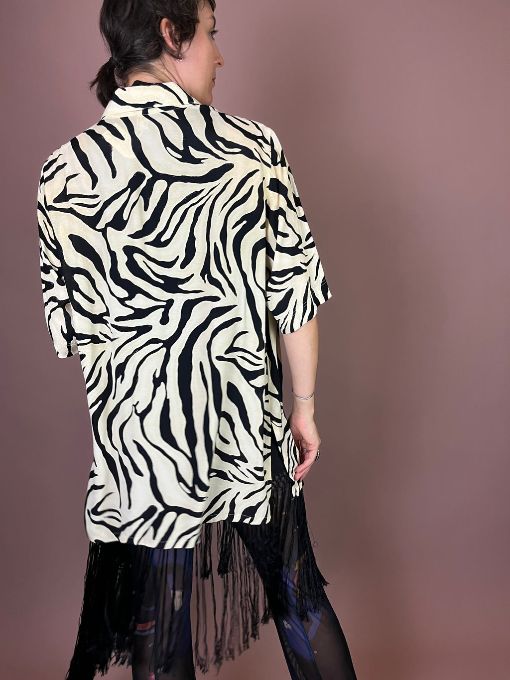 Bluse Zebra Print Kurzarm Schwarz Weiß Gr. 42