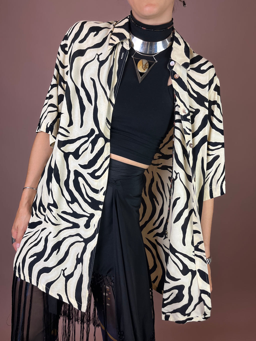 Bluse Zebra Print Kurzarm Schwarz Weiß Gr. 42