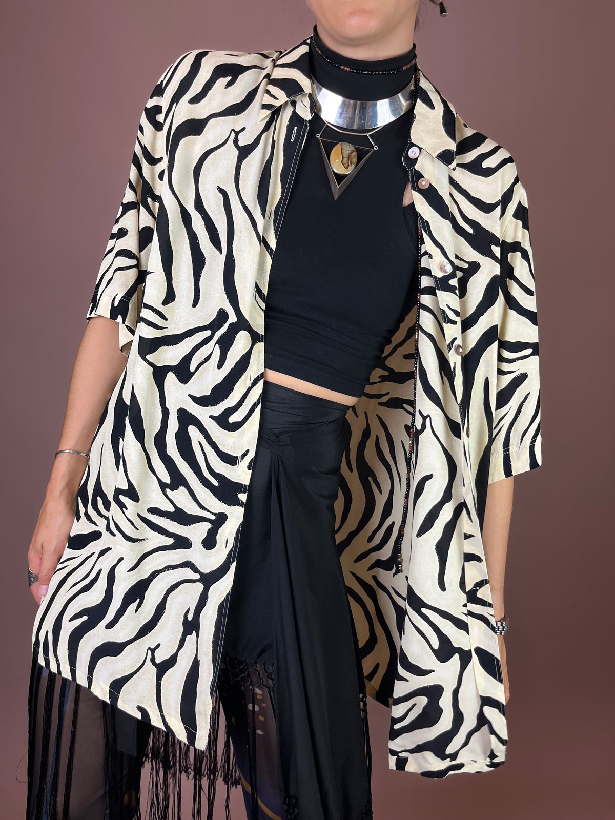 Bluse Zebra Print Kurzarm Schwarz Weiß Gr. 42