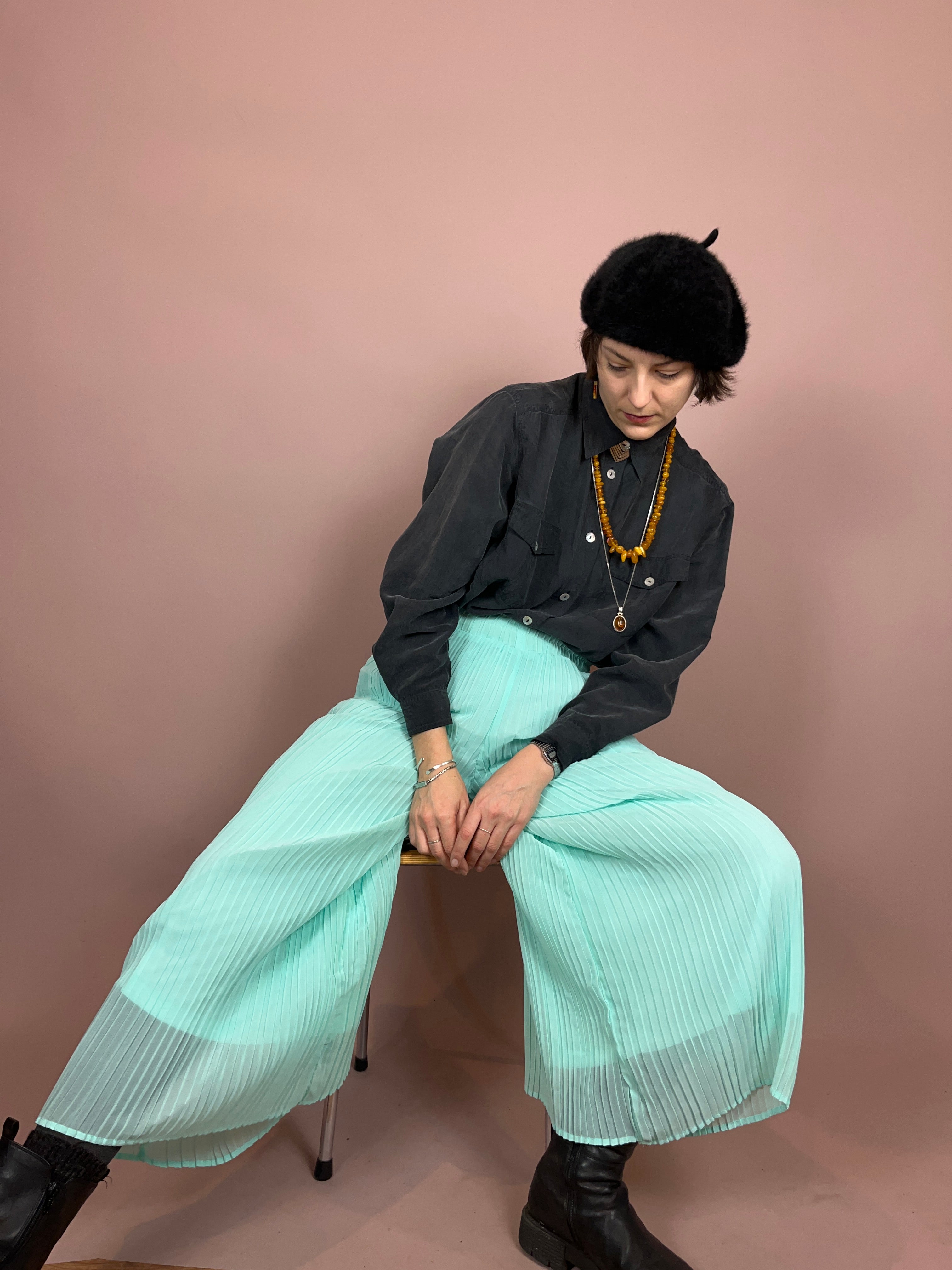 Culotte Plissiert Türkis High Waist Gr. 38