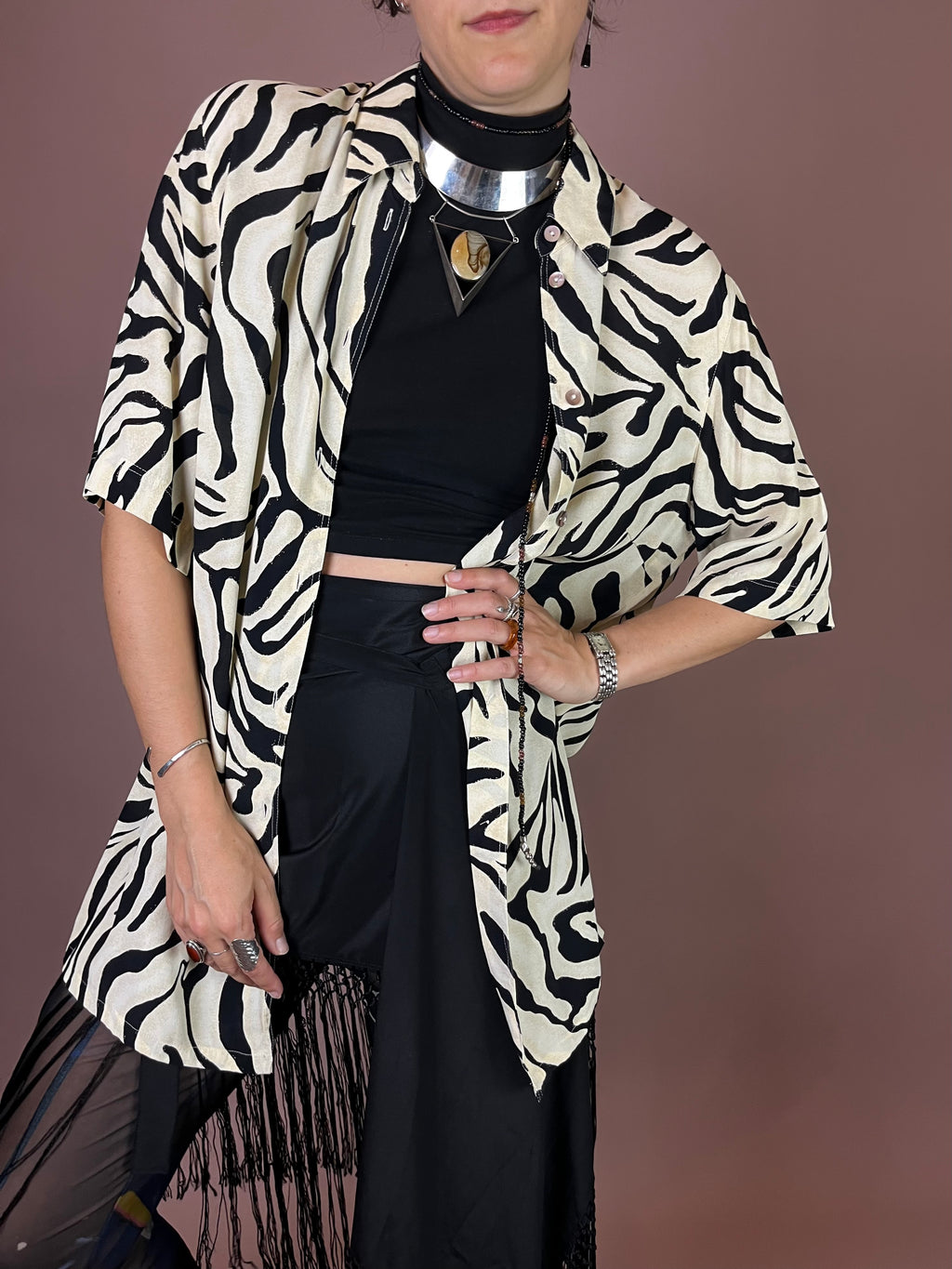 Bluse Zebra Print Kurzarm Schwarz Weiß Gr. 42