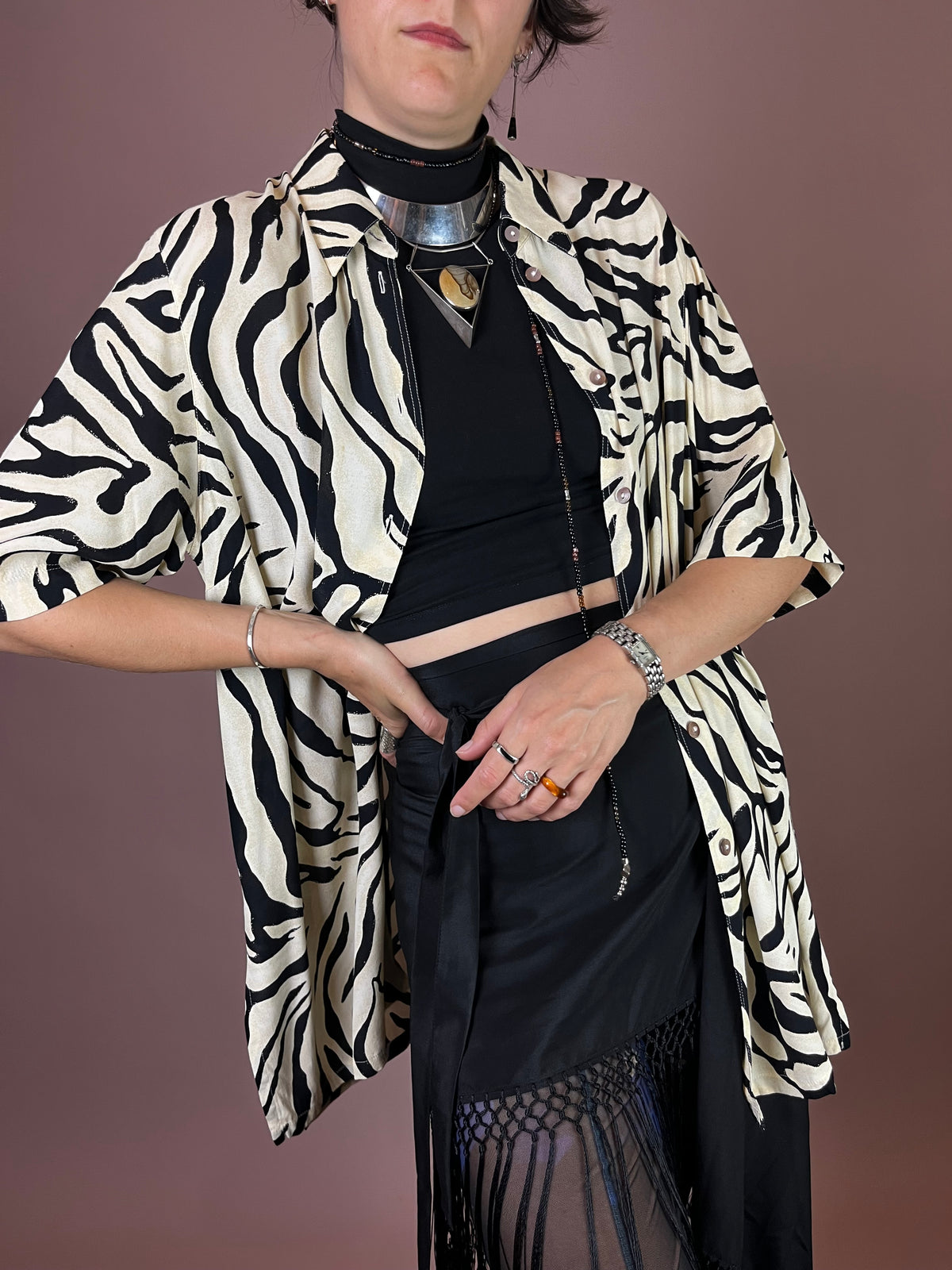 Bluse Zebra Print Kurzarm Schwarz Weiß Gr. 42