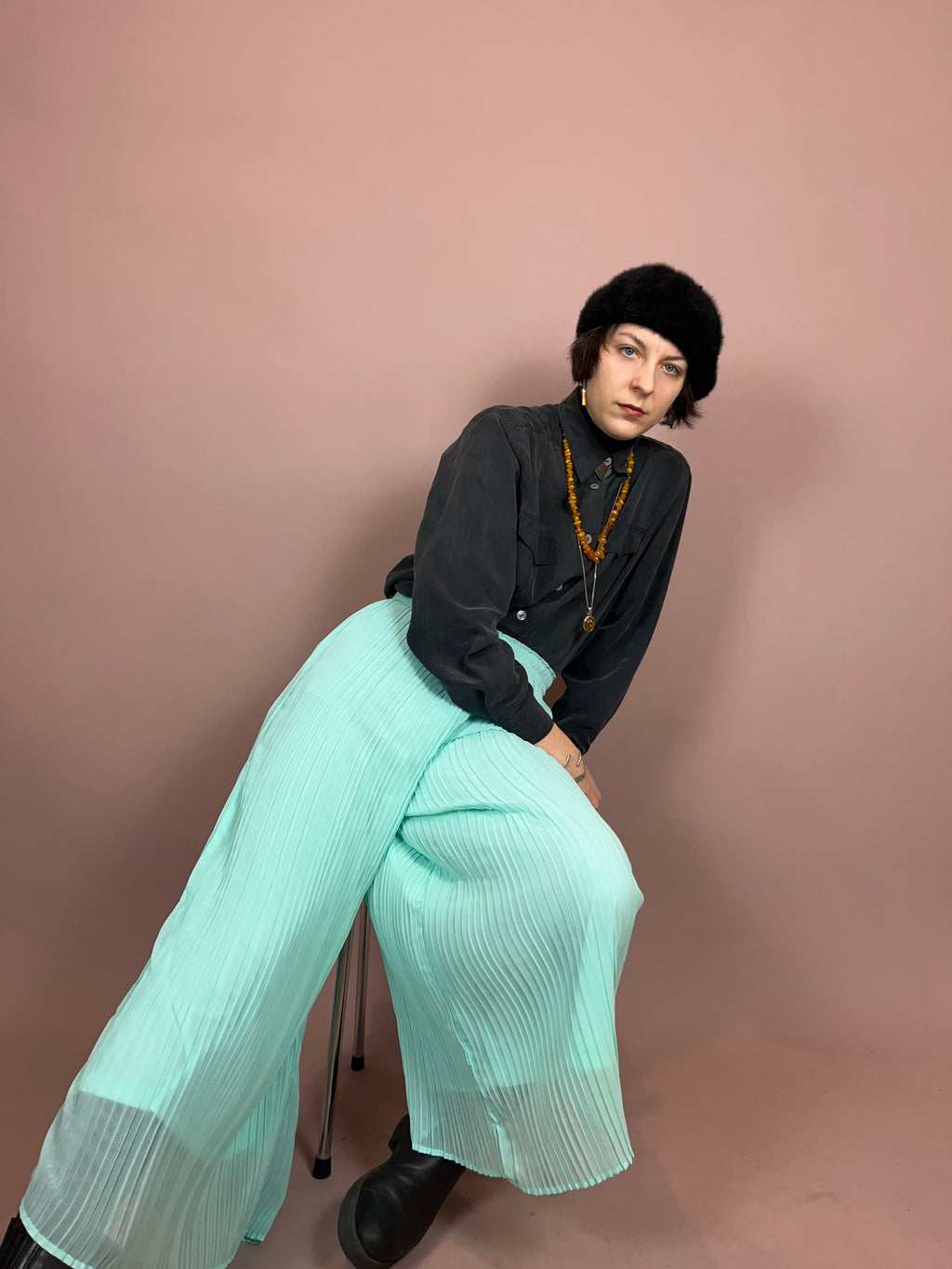 Culotte Plissiert Türkis High Waist Gr. 38