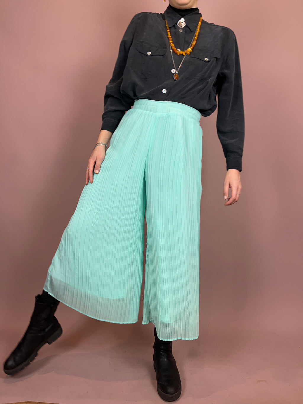 Culotte Plissiert Türkis High Waist Gr. 38