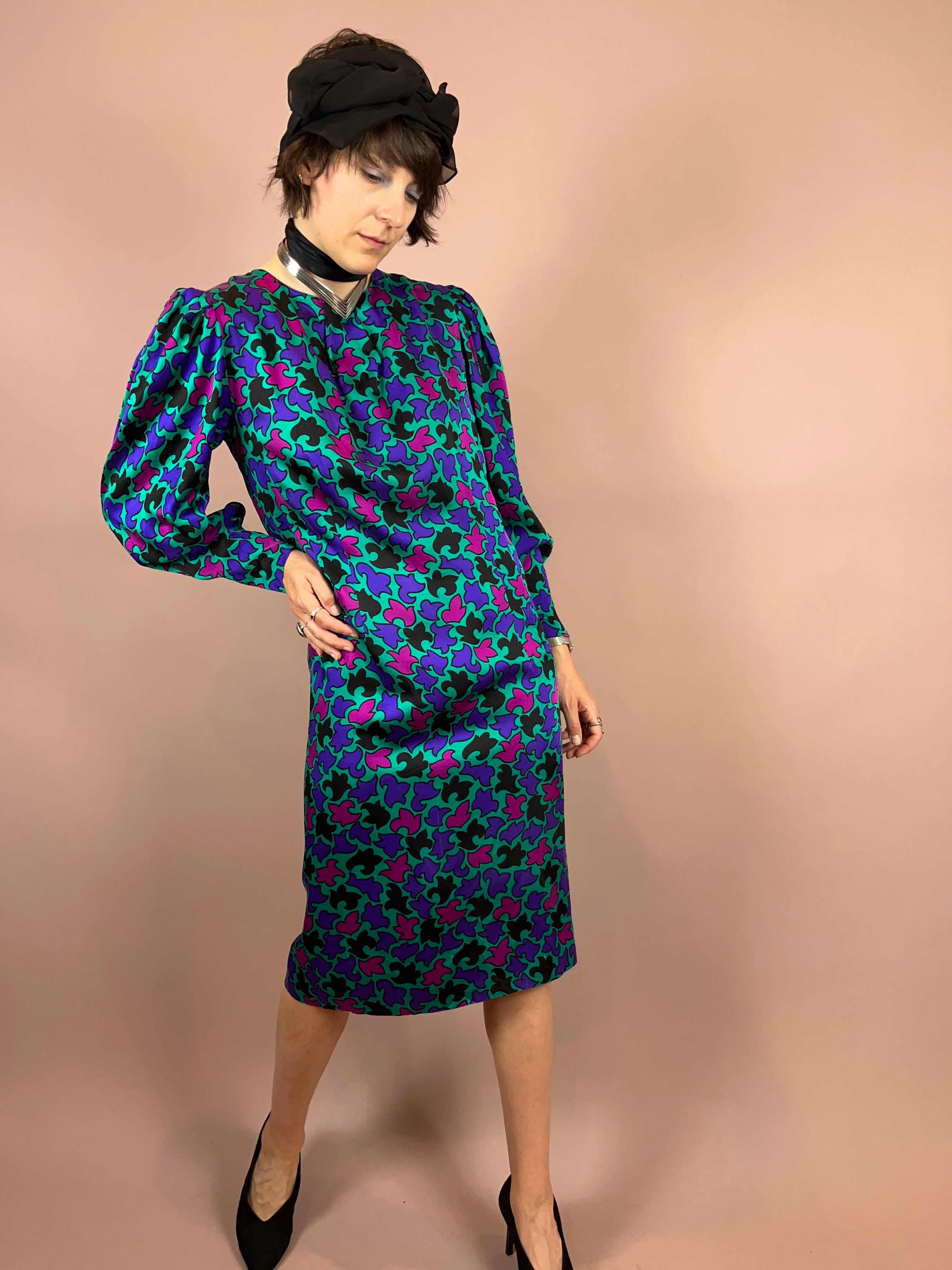 Seidenkleid Puffärmel Türkis Gr. 36