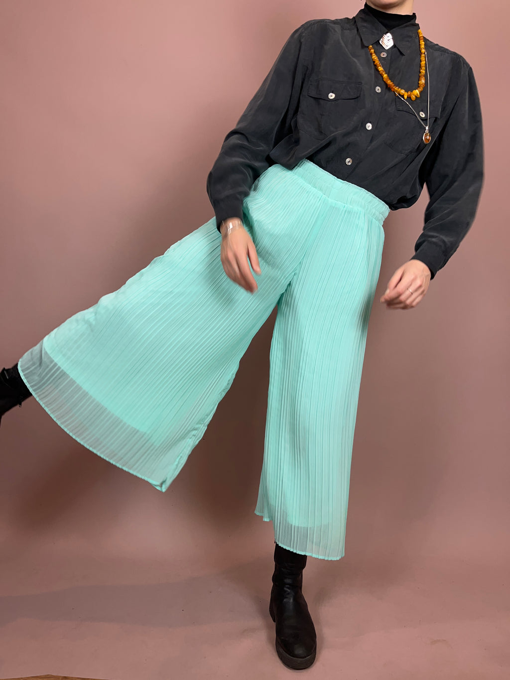 Culotte Plissiert Türkis High Waist Gr. 38