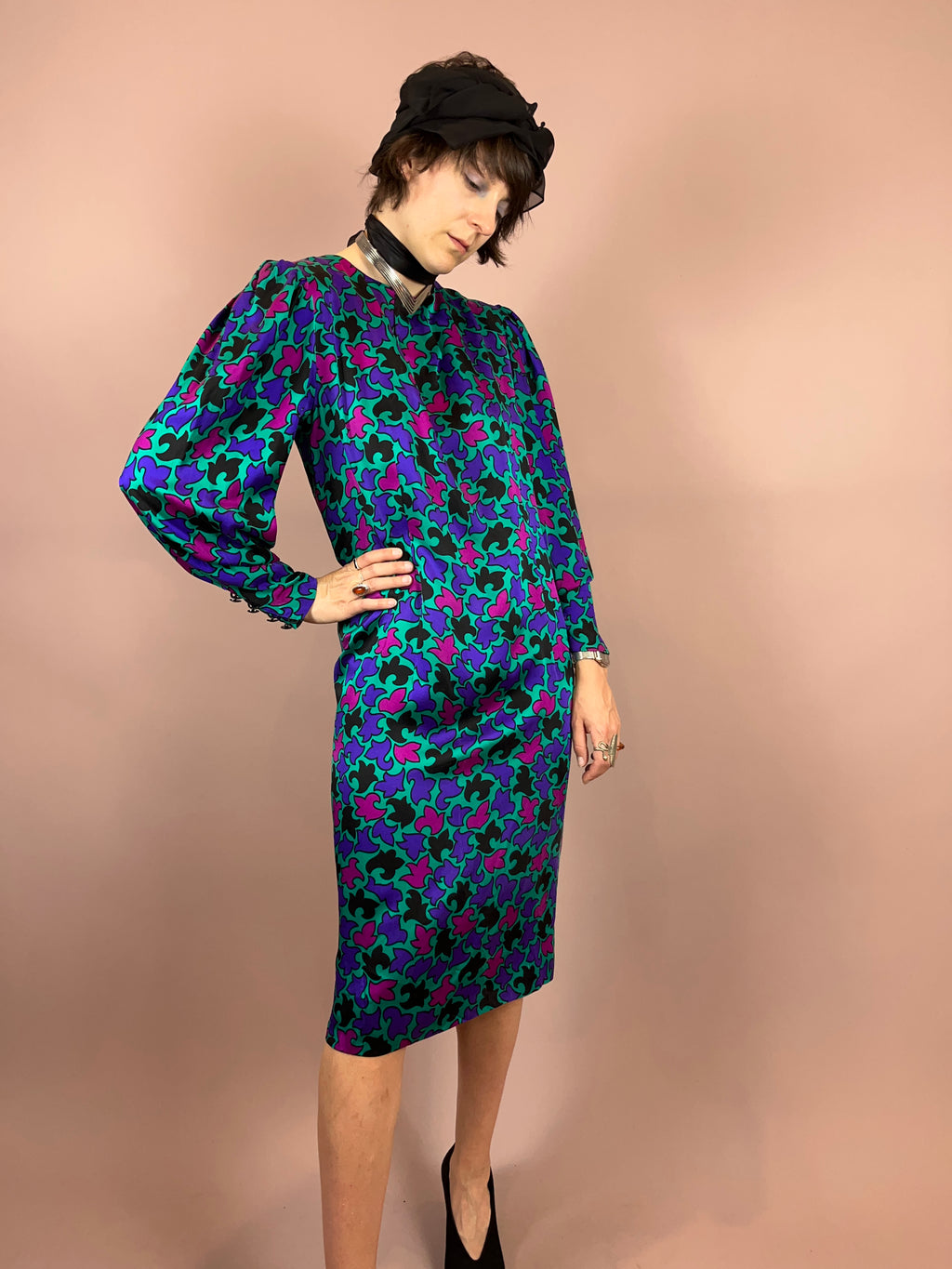 Seidenkleid Puffärmel Türkis Gr. 36