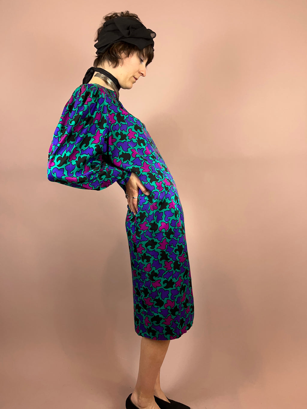 Seidenkleid Puffärmel Türkis Gr. 36