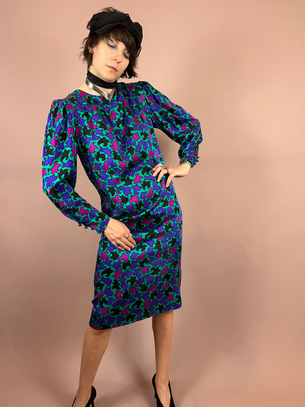 Seidenkleid Puffärmel Türkis Gr. 36