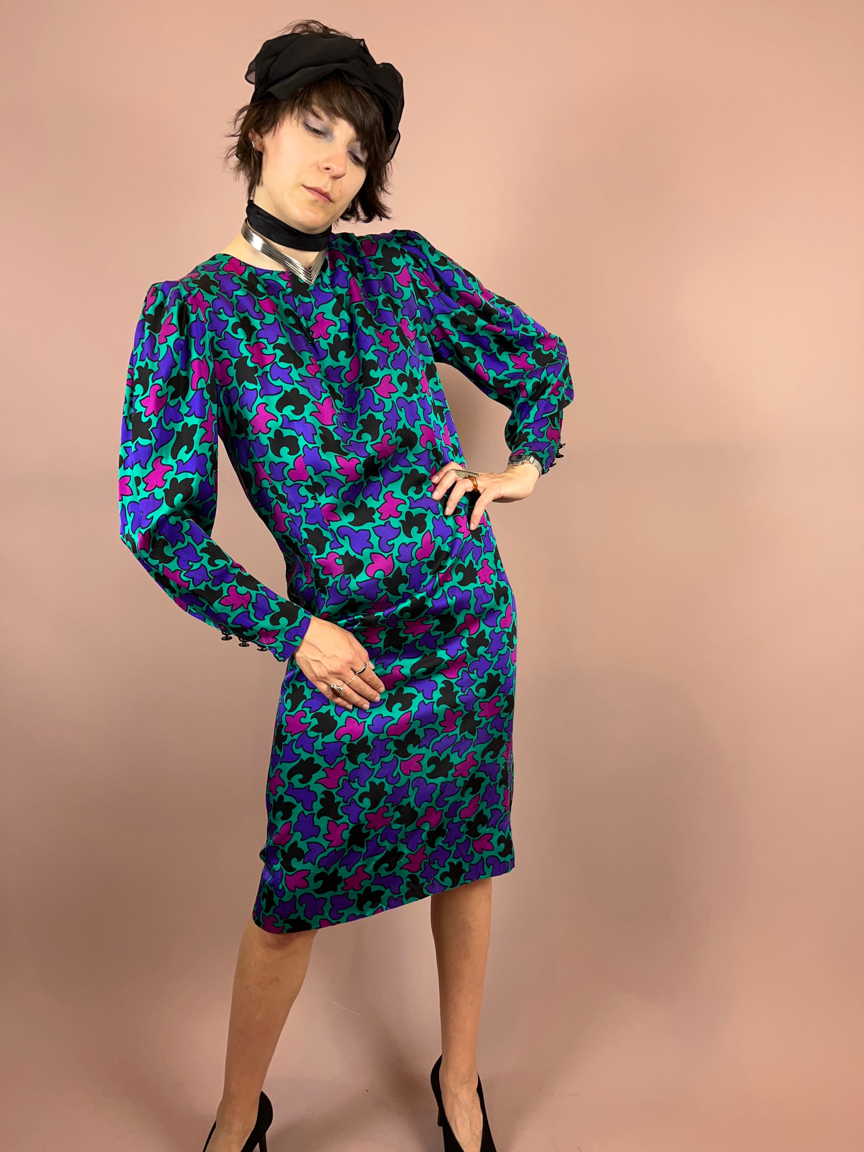Seidenkleid Puffärmel Türkis Gr. 36
