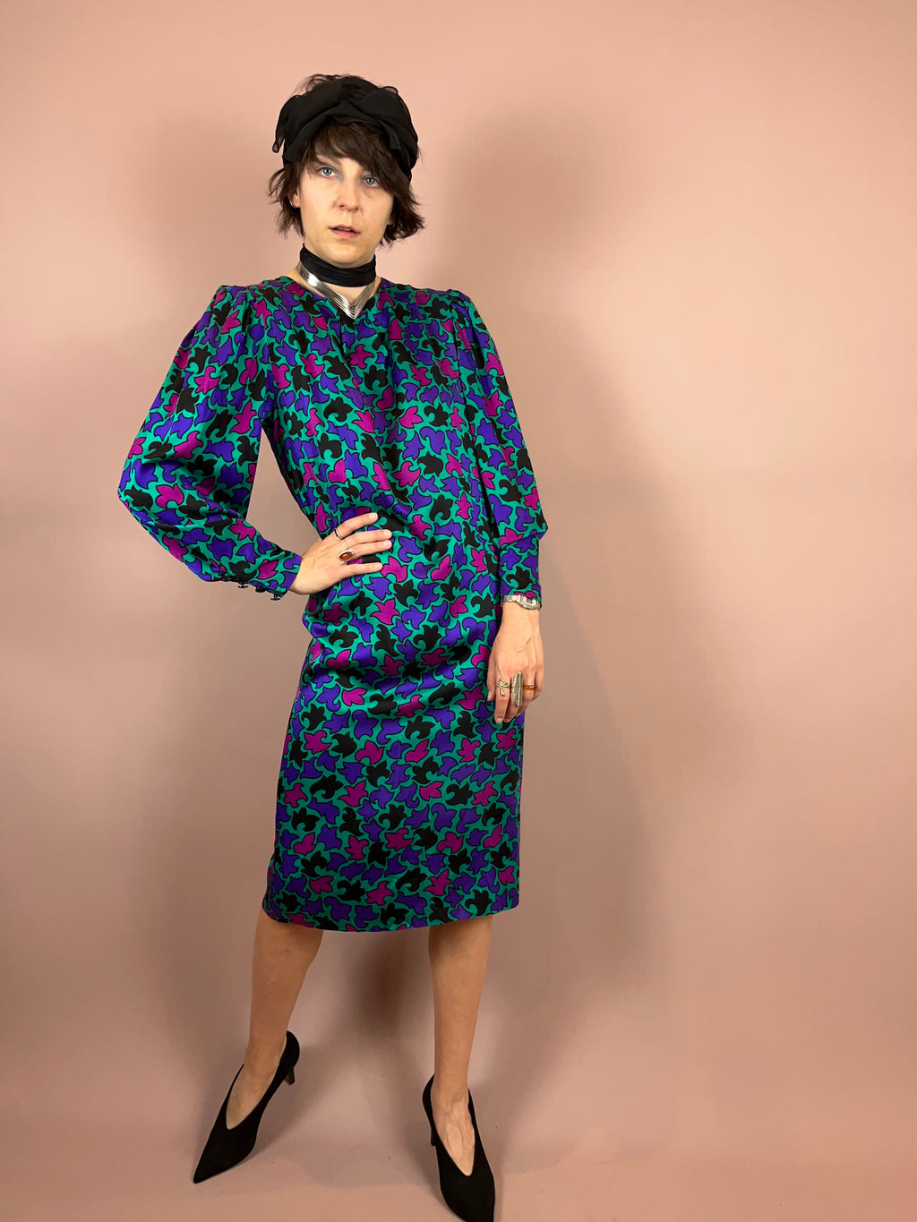 Seidenkleid Puffärmel Türkis Gr. 36