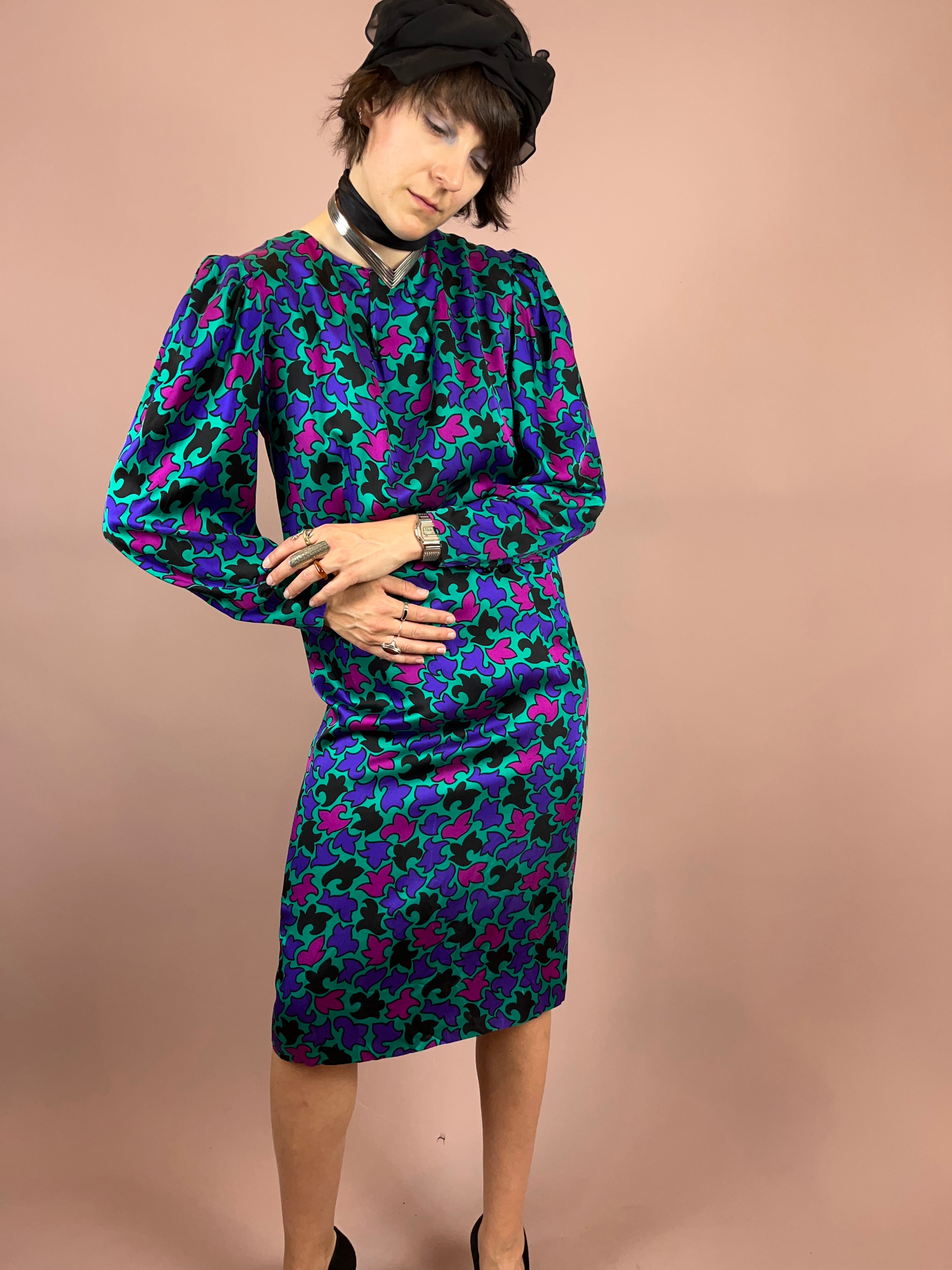 Seidenkleid Puffärmel Türkis Gr. 36