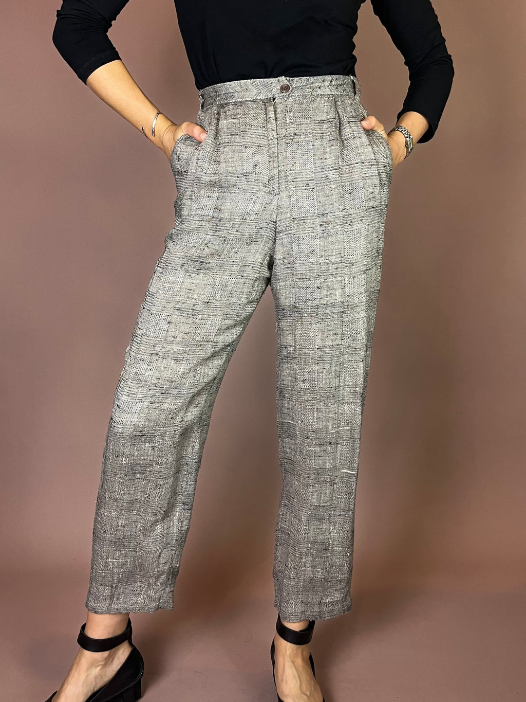 High-Waist Stoffhose mit Karo-Struktur Gr. 34