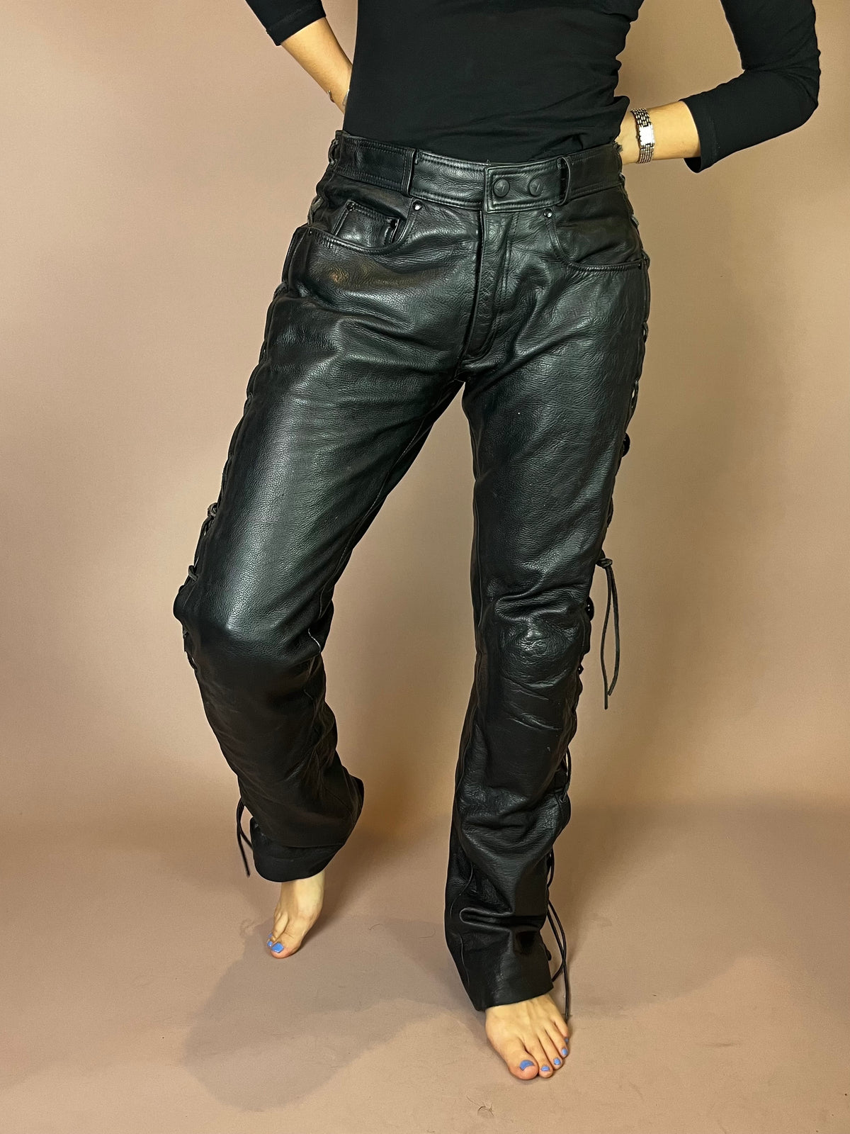Leder-Motorradhose in Schwarz Gr. M