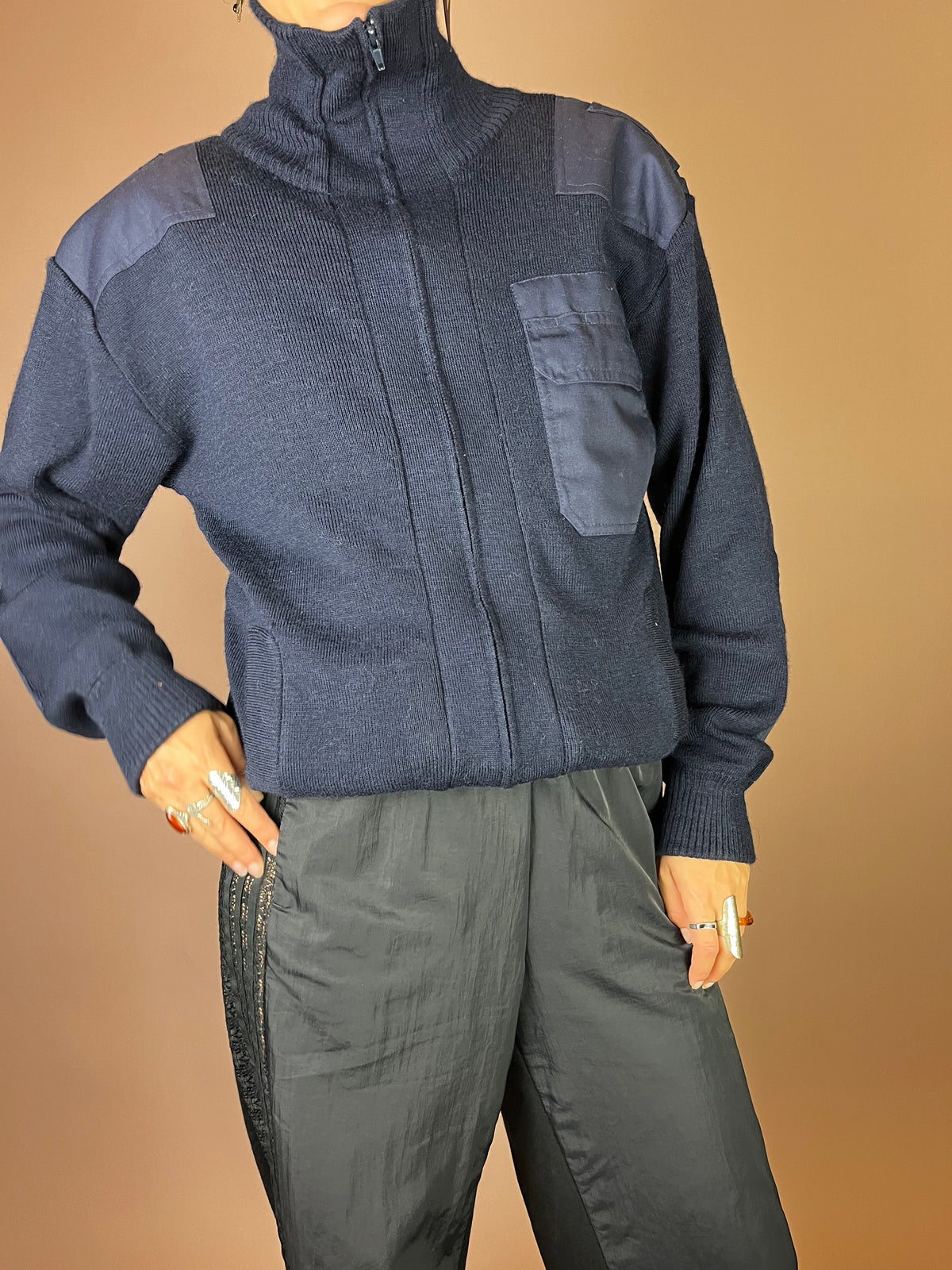 Vintage Feuerwehr Strickjacke Hamburg in Navy aus Wolle Gr. S