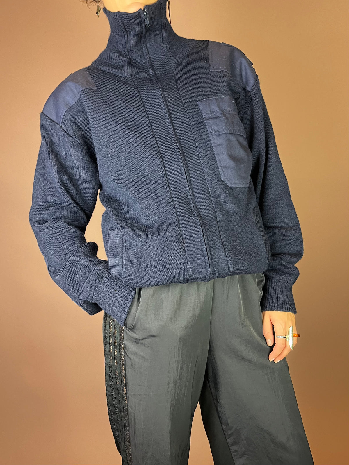 Vintage Feuerwehr Strickjacke Hamburg in Navy aus Wolle Gr. S